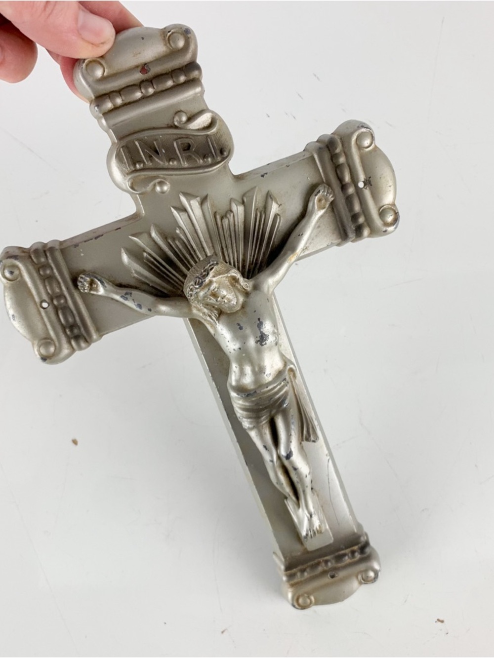 Vintage Silver Metal Crucifix INRI Jesus Christ Cross Religious Iconography Mcm